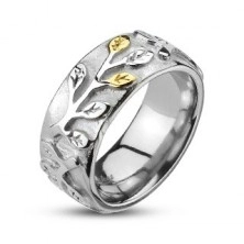 Ocelový prsten se zlato-stříbrnými lístky a patinou