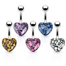 Piercing do pupíku z oceli - barevné srdce s leopardím vzorem