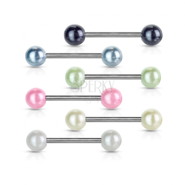 Piercing do jazyka z oceli - barevné perleťové kuličky