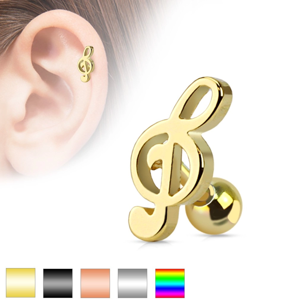 Piercing do ucha z chirurgické oceli - houslový klíč, různá barevná provedení - Barva piercing: Zlatá