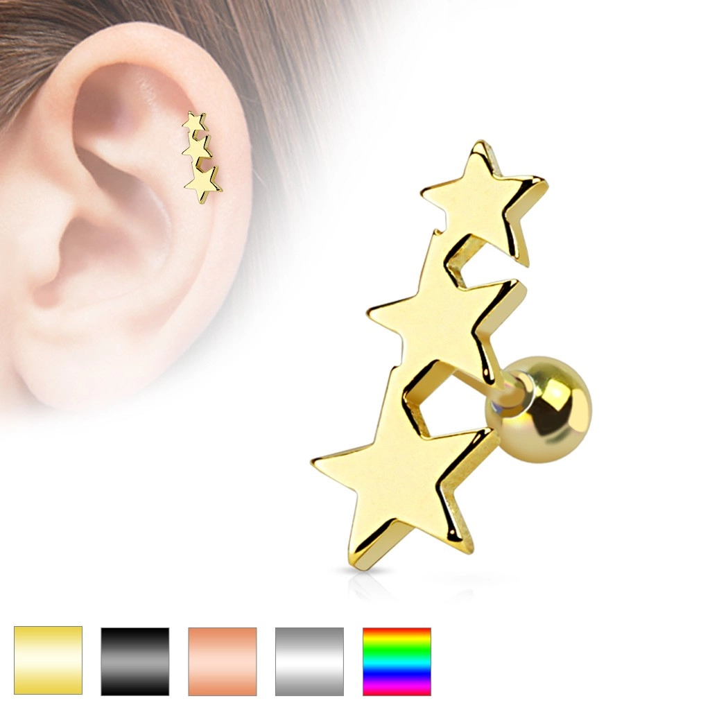 Piercing do tragu z chirurgické oceli - tři spojené hvězdy, kulička, různé barvy - Barva piercing: Zlatá