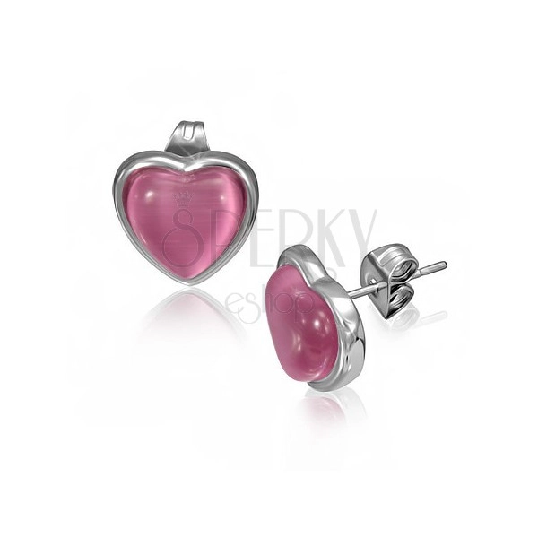Ocelové náušnice s růžovým kamenem ve tvaru srdce v objímce