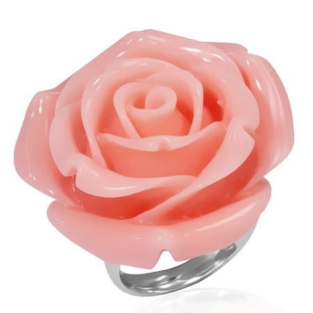Prsten z oceli - růžový rozkvetlý květ z pryskyřice - Velikost: 49