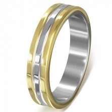Prsten z chirurgické oceli - zlato-stříbrné pásy s vroubky