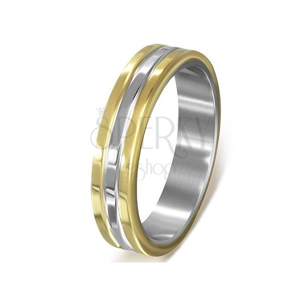 Prsten z chirurgické oceli - zlato-stříbrné pásy s vroubky